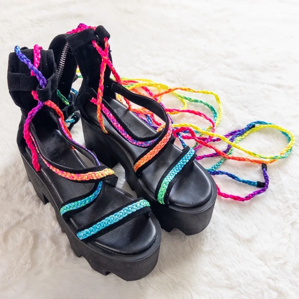 Dolls Kill Current Mood Colorful Strappy Platform Sandals